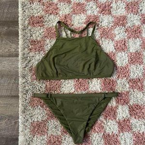 RVCA Swimsuit Olive Green Criss Cross Back Bathing Suit High Neck Top